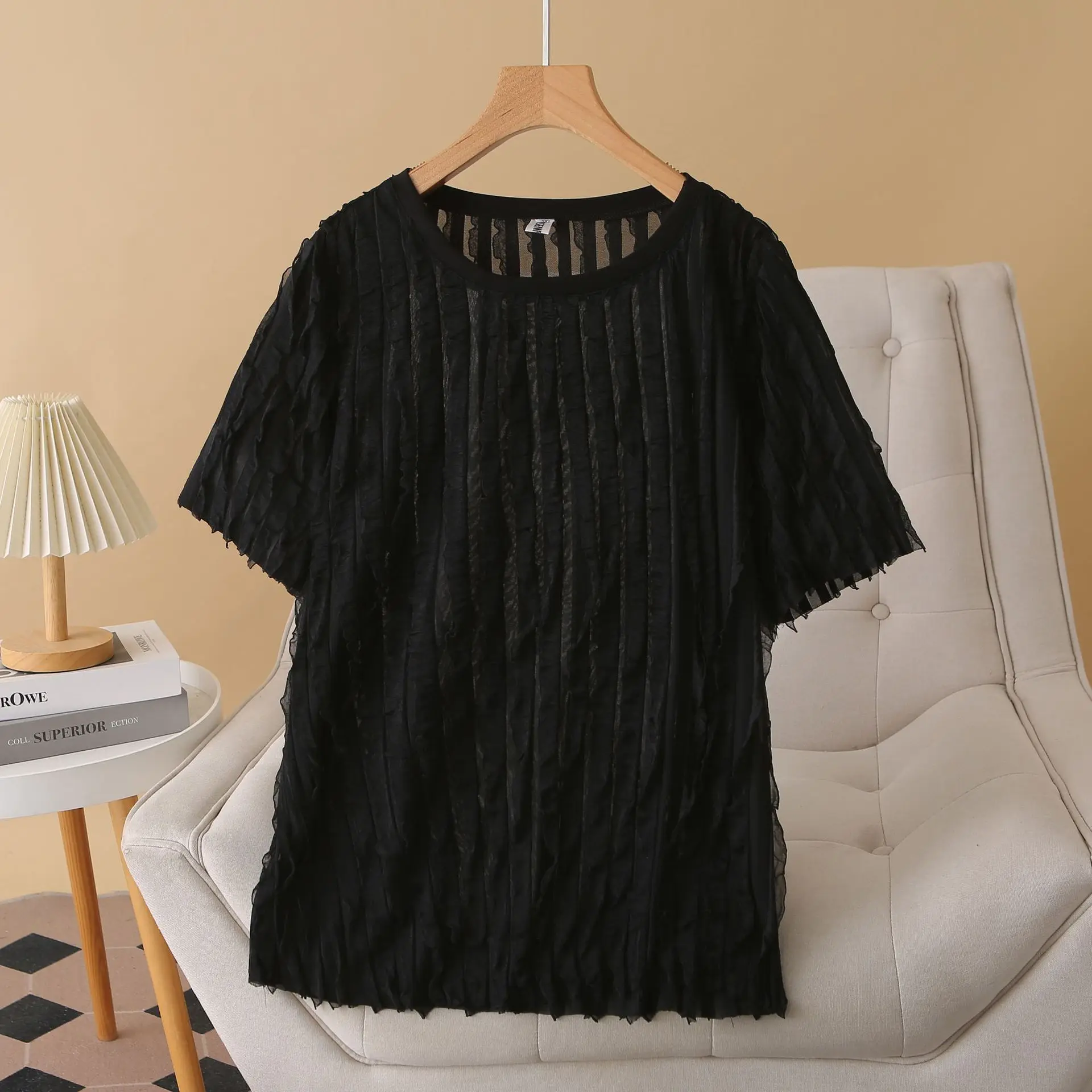 100KG Plus Size Women Top Summer New Stylish Casual three-dimensional Vertical Striped Short Sleeve Casual T-shirt 1684