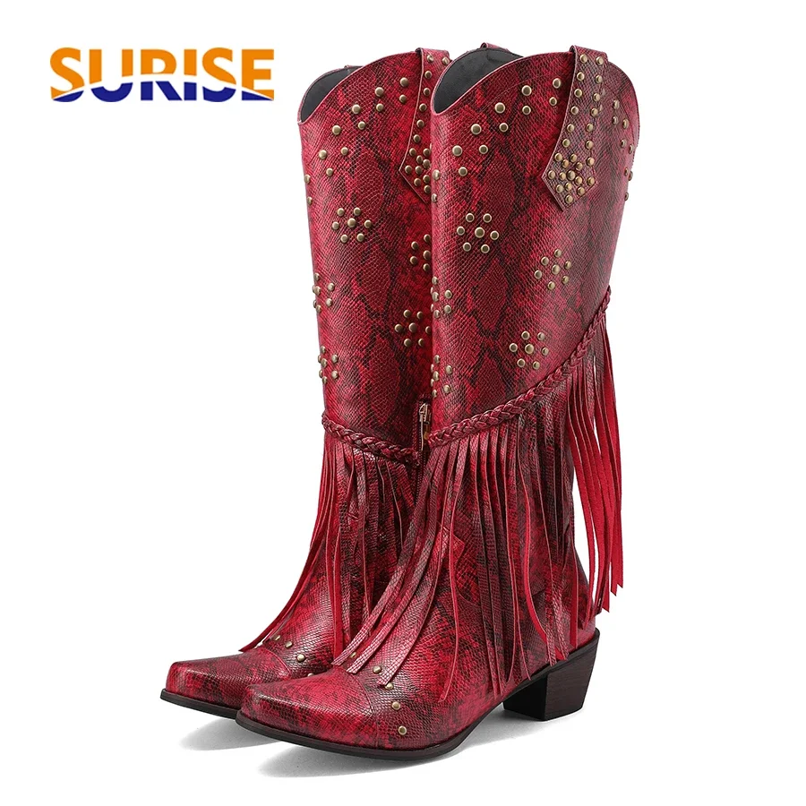 

Western Women Knee High Boots for Cowgirl Red Snakeskin Block Heel Retro Fringe Rivet Warped Pointed Toe Cowboy Zipper Long Boot