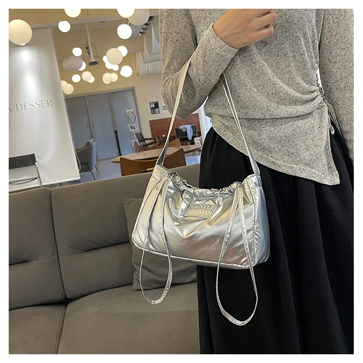 Candy colored new letter printed drawstring shoulder niche design dumpling women's armpit bag_voghion.com