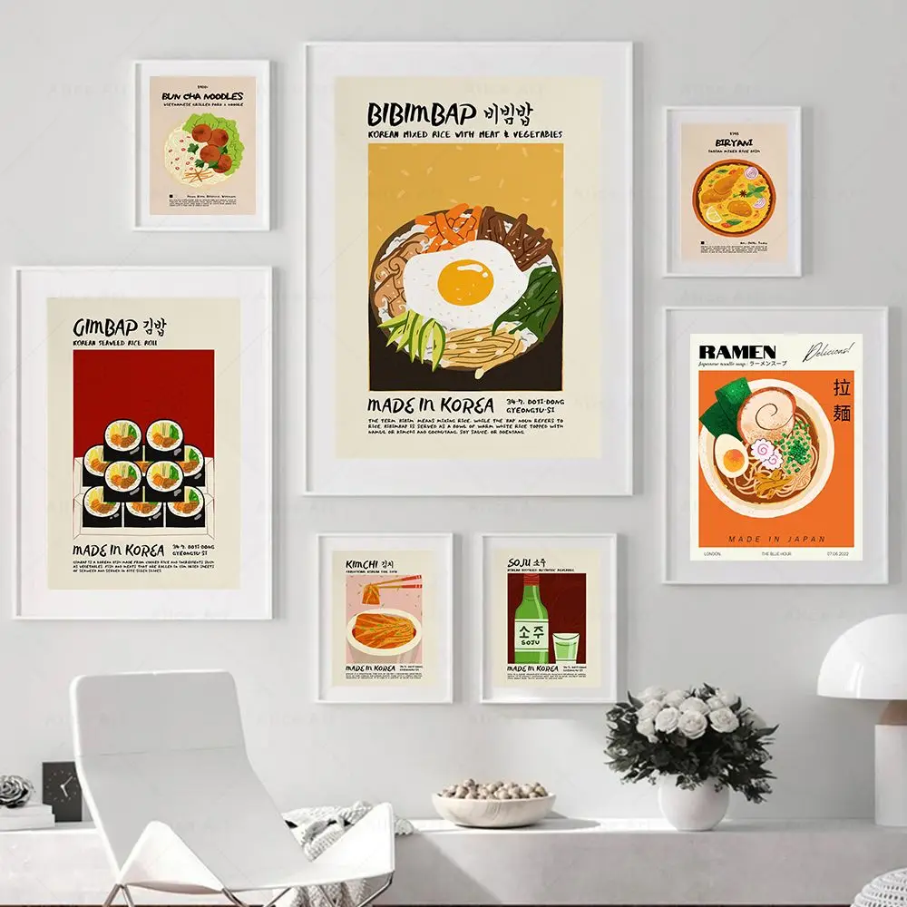 Vintage Asian Food Poster Bavimbap Coreano Ramen Giapponese Wall Art Canvas Painting Print Wall Picture Kitchen Dinning Room Decor