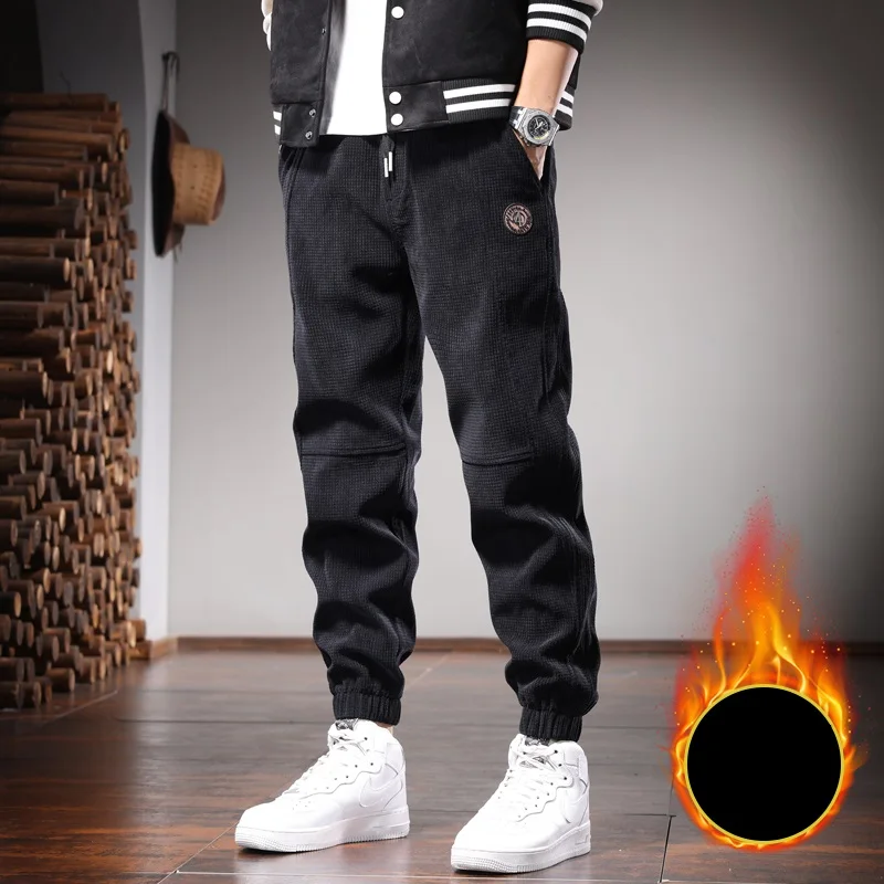 

Winter Warm Fleece Pants Men Fashion Casual Black Plaid Corduroy Baggy Elastic Waist Drawstring Trousers