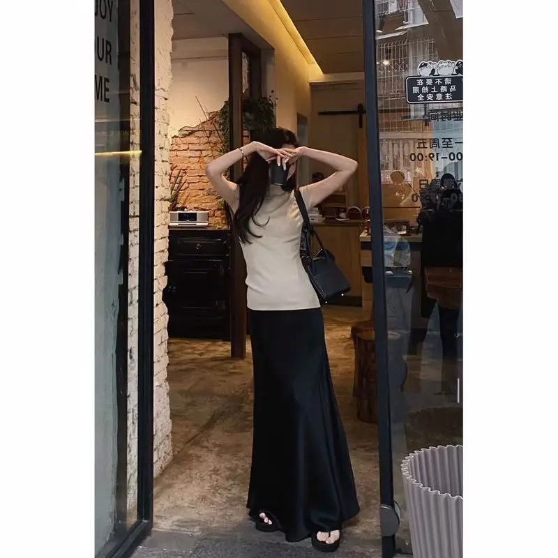 Deeptown Elegant Women's Satin Skirt Black Luxury Retro Long Skirts Korean Fashion Slim Up A-line Streetwear Summer Casual Skirt