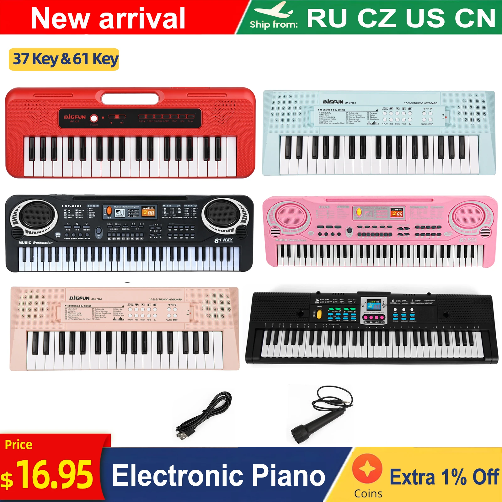 37 Key/61 Key Children Electronic Piano with Mini Microphone Preset 10 Demos Supports Recording Headphone Keyboard Musical Gifts