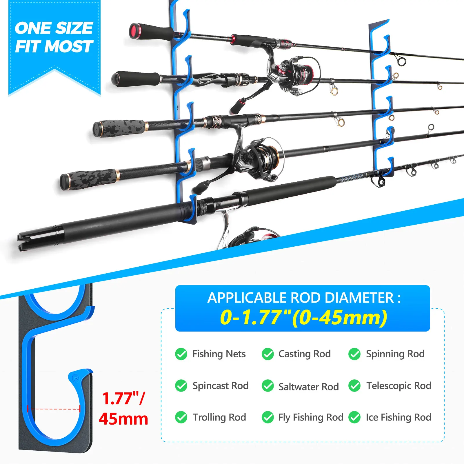 PLUSINNO H5 Fishing Rod Holder Horizontal Wall or Ceiling Mounted Fishing Rod Support Rack for Freshwater and Saltwater Rods fishing rod holder fishing rod bracket fishing rod support fishing rod rest fishing gear accessories