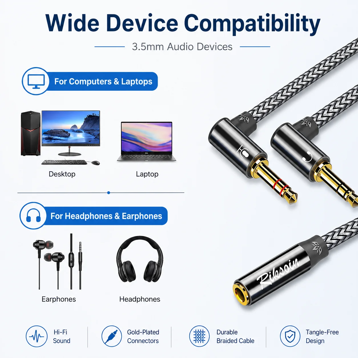 Dual Right Angle 3.5mm Audio Adapter – Stereo AUX Jack Extender for Headphones, Car, Speaker, and Phone
