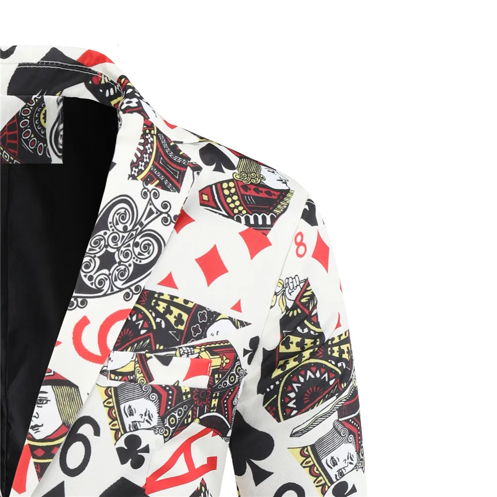 플레잉 카드 포커 프린트 재미있는 남성 블레이저 재킷 2025 한국 패션 파티 프롬 의상 남성 빈티지 수트 블레이저