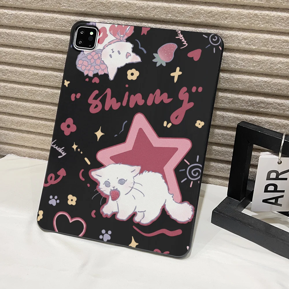 Matte Painted Rectangular Shell with Sweet Strawberry Cat Design