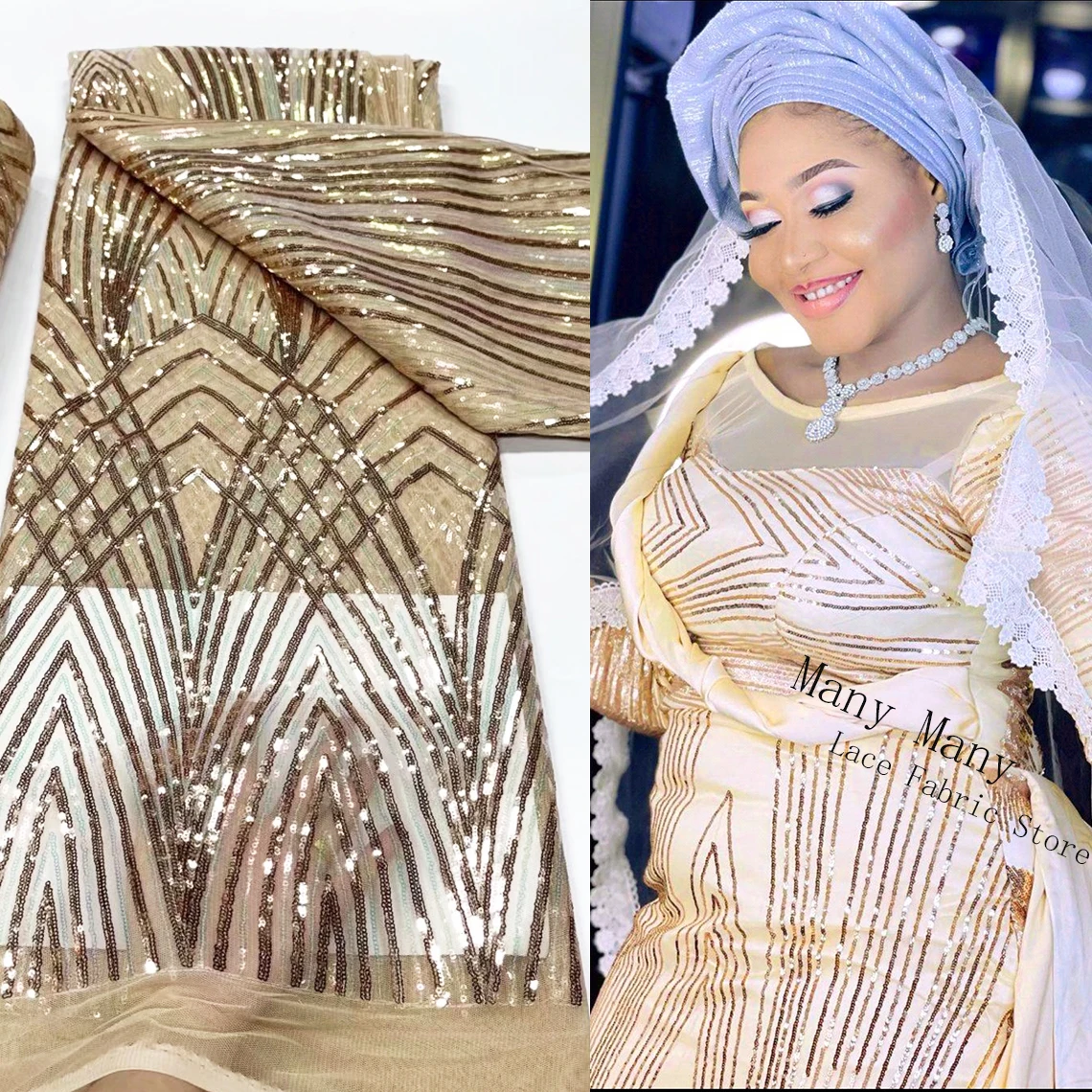 

2022 High Quality Gold Sequins Mesh Lace Fabric Sequined Embroidered Net Laces For Ankara Women Dress Style African Prom Fabrics