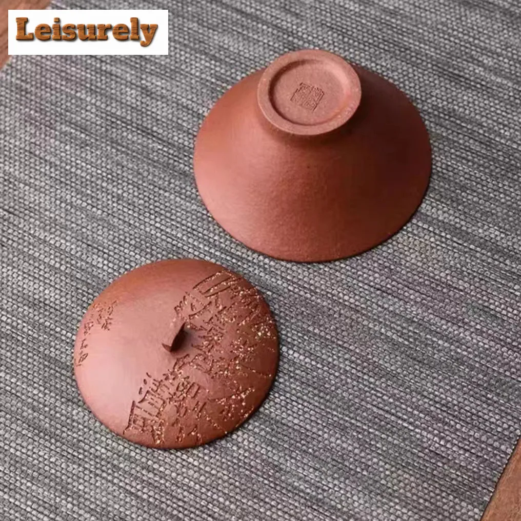 80ml Pure Handmade Engrave Yixing Raw Ore Purple Clay Gaiwan Raw Ore Mud Tea Tureen Tea Maker Lid Bowl Authentic Zisha Teaset