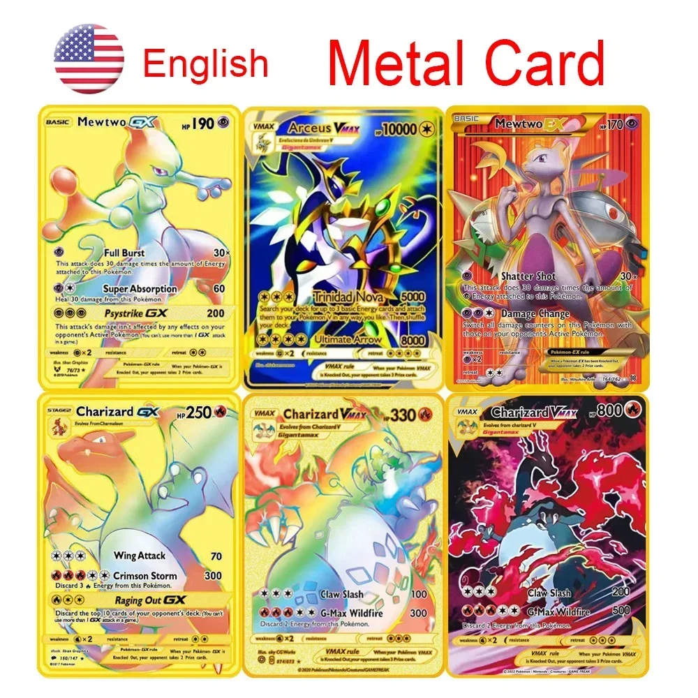 

English Pokemon Cards Gold DIY Metal Card Hard Iron Cards Pikachu Mewtwo Gx Charizard Vmax Package Game Battle Collection Gifts