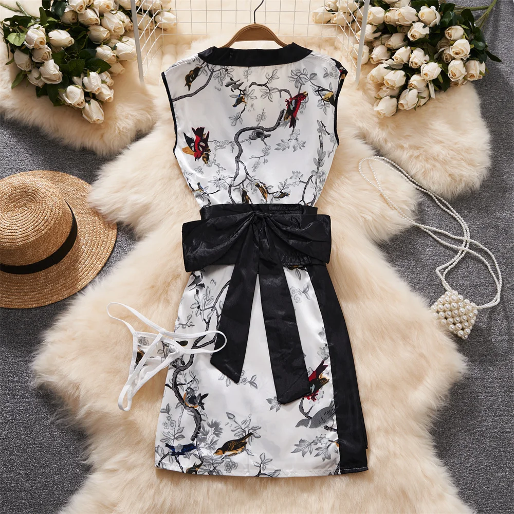 Sexy Japan Sleeveless Slim Fit Kimono Elegant Print Pajama V-Neck Irregular Short Dress Erotic Lingerie Women Hotsweet Nightgown