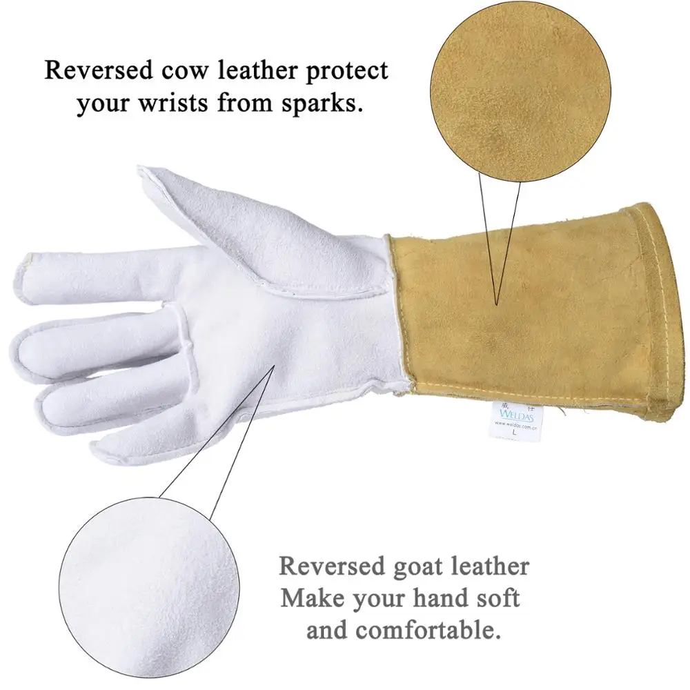 Pair TIG Welding Gloves 34cm(13.4") Goatskin Palm Cowhide Cuff Soft Sensitive Gloves CE Certificated WELDAS High Quality