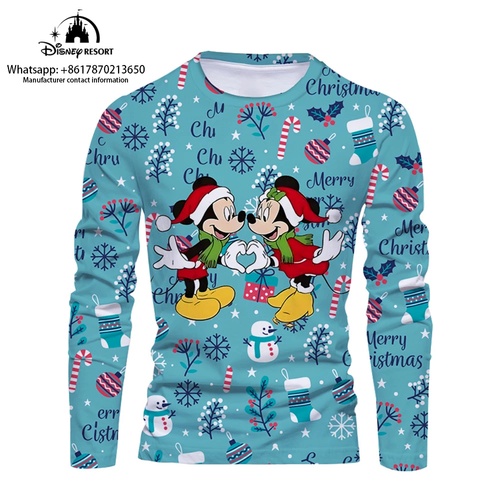 

Christmas New Disney Brand Mickey and Minnie Anime 3D Printing Fashion Casual Trend Men's Round Neck Long Sleeve T-Shirt Y2K