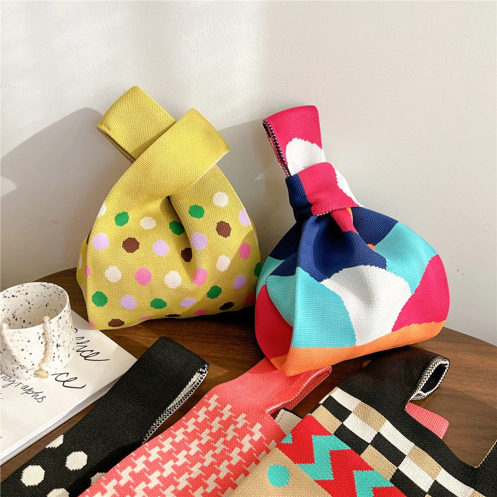 Women Shoulder Bag Fashion Plaid Polka Dot Pattern Knitting Tote Woven  Shopper Handbag Japanese Student Reusable Shopping Bags - AliExpress