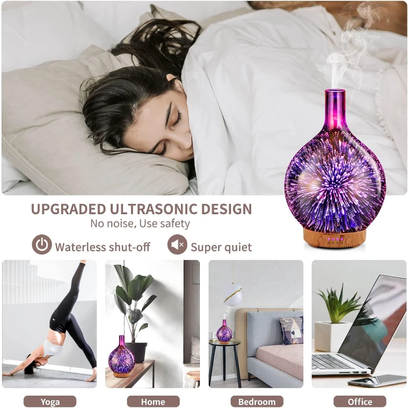 Porseme Essential Oil Diffuser 3D Glass Humidifier 7 Color Changing LEDs Waterless Auto-Off Timer Setting bpa Free ultrasonic 4
