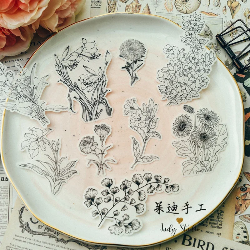 Drawing Plant Junk Journal Ephemera Vintage Sticker Flower Album Aesthetic Sticker Scrapbooking Material 58 Pcs