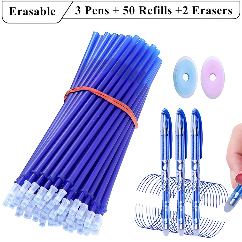 3 Erasable Pens + 50 Refills + 2 Eraser Black & Blue Ink Gel Pen Set 0.5mm Ball Tip Magic Pen with Eraser Writing Stationery