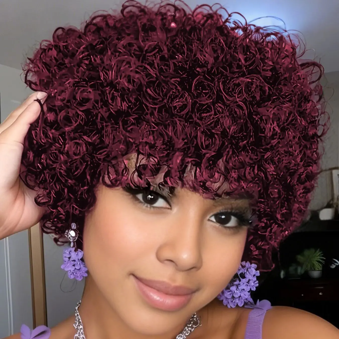 인모 가발 픽시컷 아프로 곱슬 가발 앞머리 포함 기계식 제작 가발 데일리용