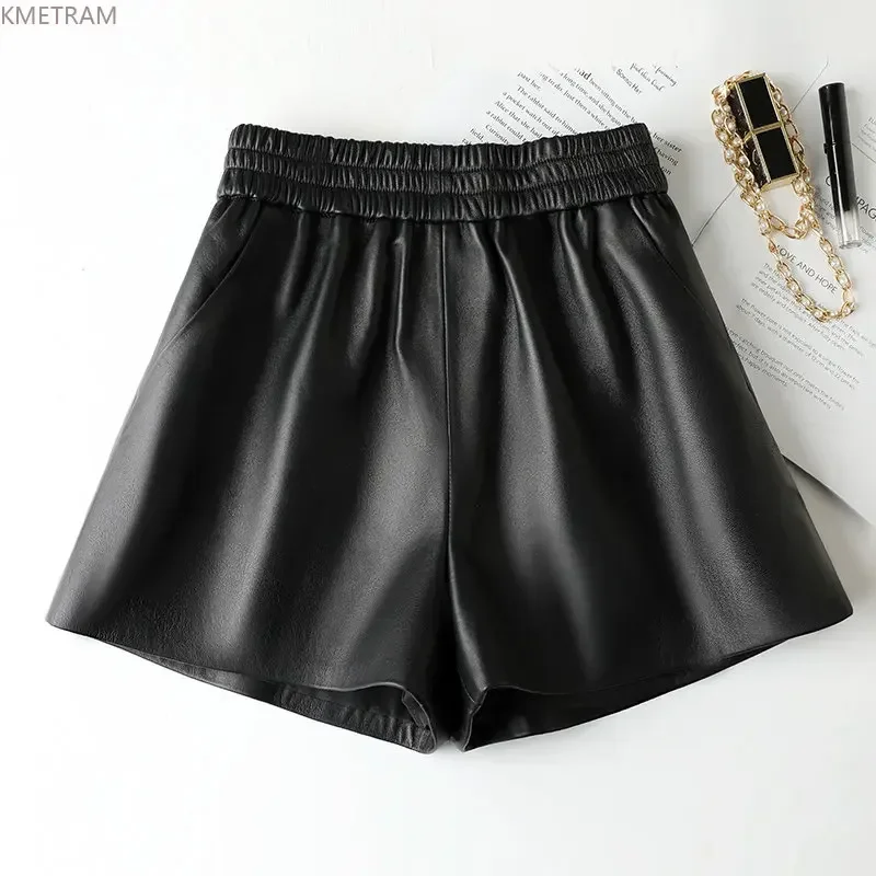 

Genuine Sheepskin Leather Shorts Women High Waisted Short Korean Fashion Black Shorts Pants Women Real Leather Wide-leg Short