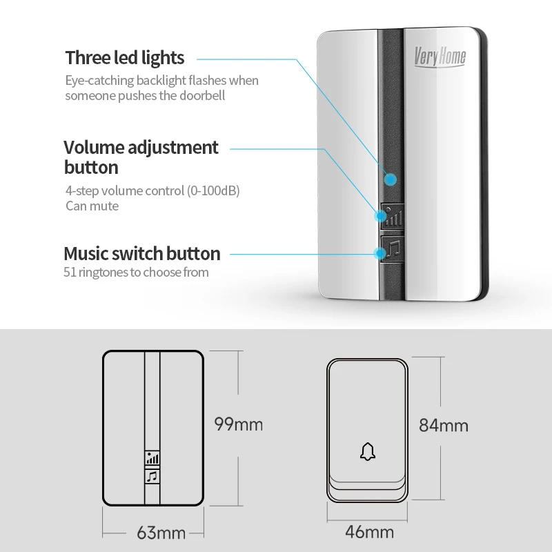 VeryHome self-generating waterproof wireless doorbell receiver battery buttonUS EU UK AU plug home doorbell 150m remote