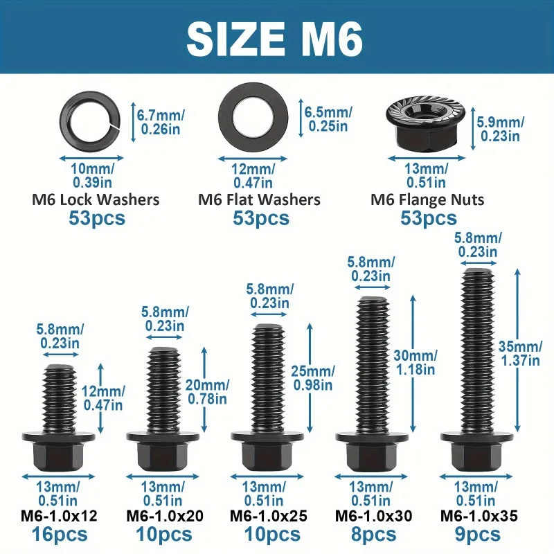 VKKM 212 pcs M6 Hex Cap Flange Bolt Assortment Kit/Screws, Nuts & Washers/Black Oxide, M6-1.0 x 12/20/25/30/35mm