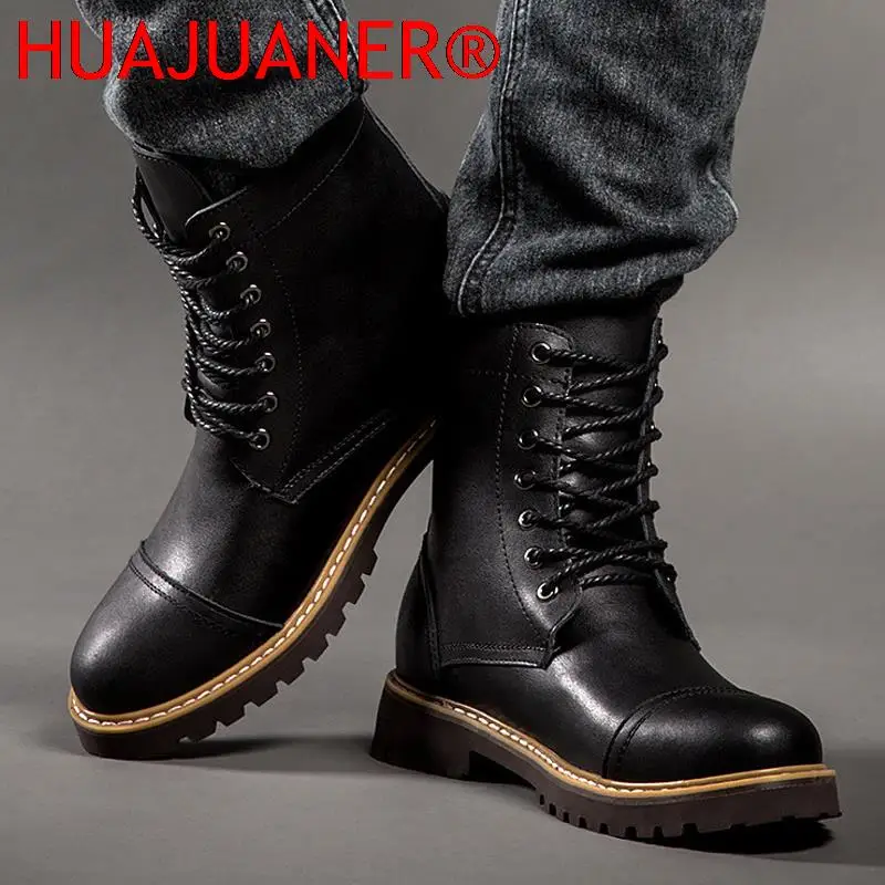 Genuine Leather Men\'s Boots Plush Warm Winter Boots High Quality Men Motorcycle Boots Fashion Tooling Shoes