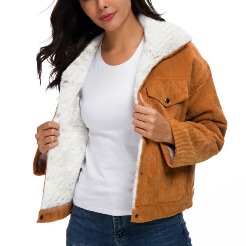 

Fashion Faux Fur Lining Solid Colors Corduroy Cashmere Outwear Thick Cotton Jackets Women Winter Thick Fur Lined Coats Parkas