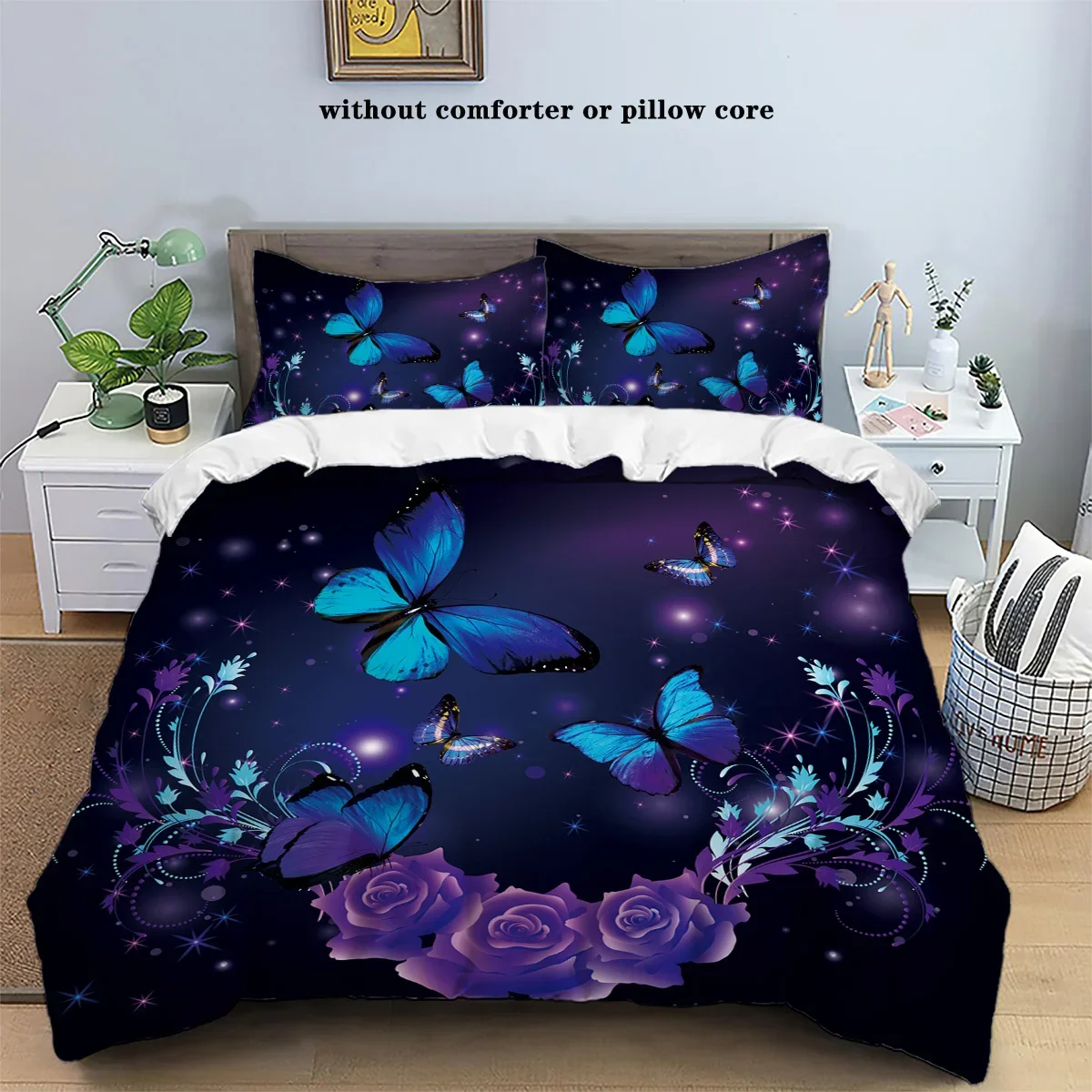 3-piece down duvet cover set with purple butterfly and rose pattern print (1 duvet cover+2 pillowcases, no core) bedding set