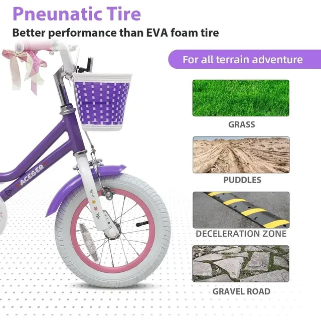 Children's Bikes with Basket, 12-18 Inch, Training Wheels, Streamers, Handbrake & Rear Brake, Multiple Colors