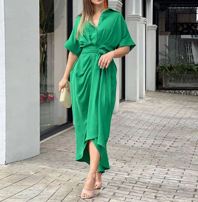 

Women's Elegant Lapel Short Sleeve Single Breasted High Waist Shirt Dress Temperament Commuting Female Clothing Fashion Dresses