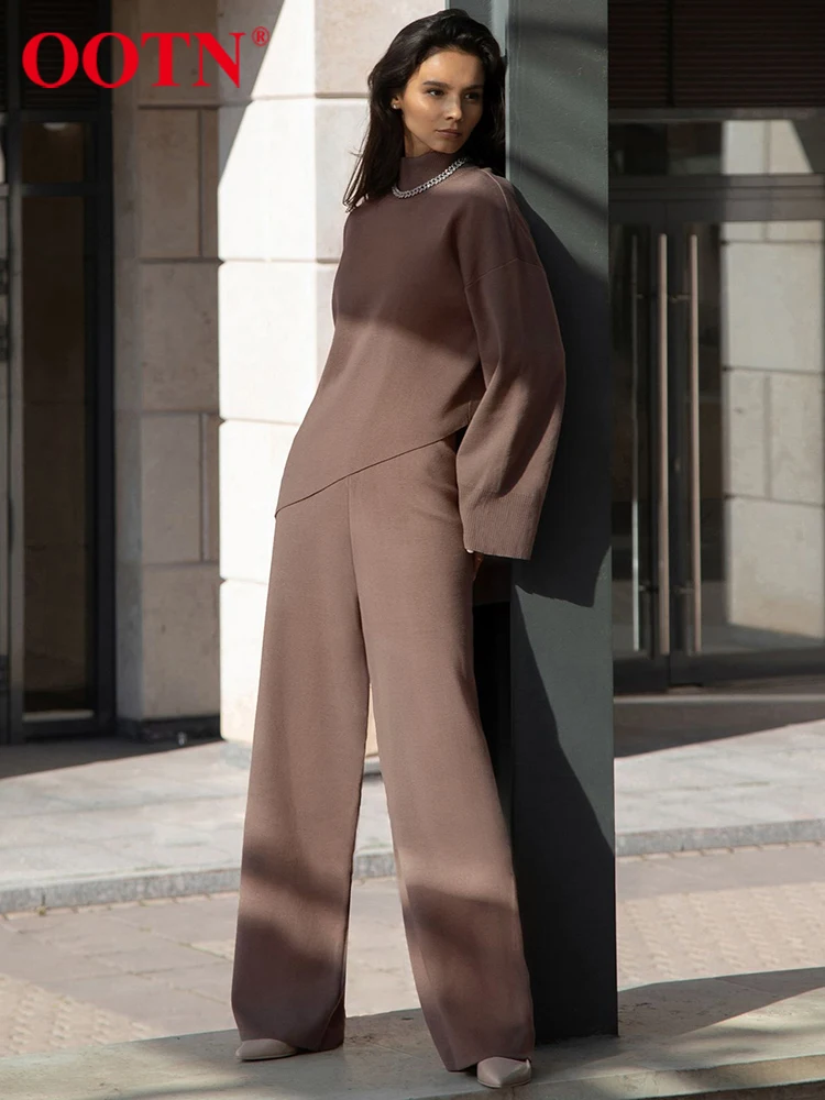 

OOTN Elegant Brown Pant Sets Turtleneck Irregular Sweater Outfits 2 Piece High Waist Wide Leg Pant Suit Women 2024 Autumn Winter