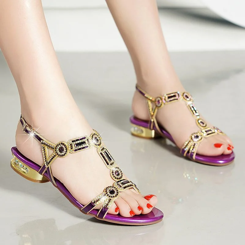 Women Comfortable Non-slip Flat Platform Shoes Rhinestone Sandals T-strap Square Low-heeled Sandals Party Shoes