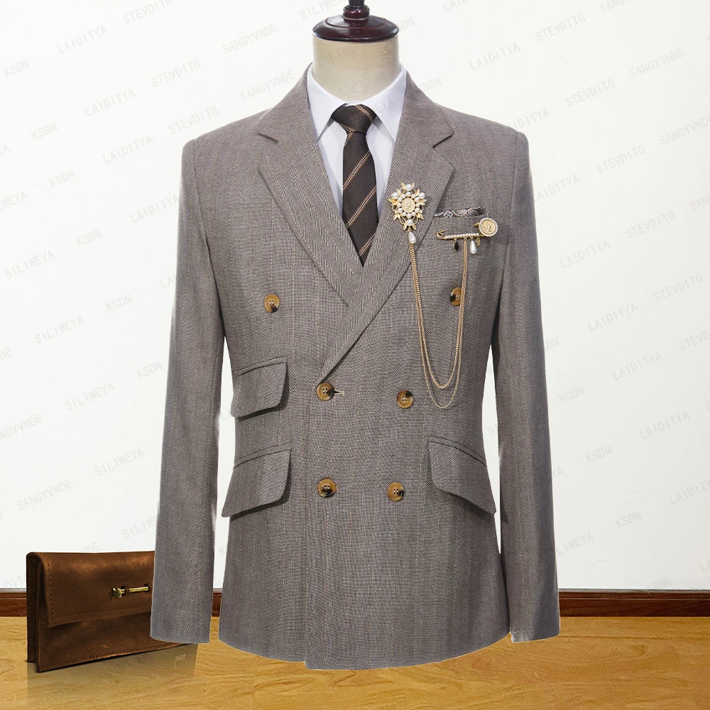 

2023 New Summer Men Khaki Linen Suit Vertical Stripe Double Breasted Slim Fit Casual Business Tuxedos Wedding Jacket Blazer Coat