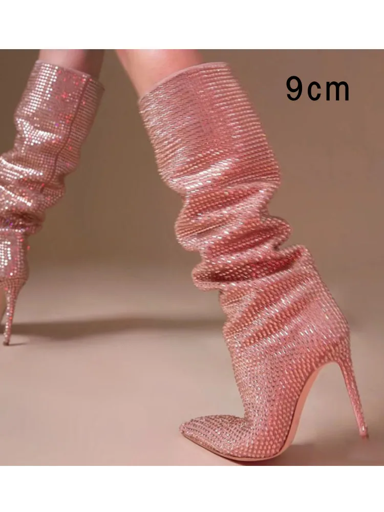 

2023 Women's New European and American Fashion Show Starry Sky High-heeled Rhinestone Pointed Nightclub Four Seasons Boots