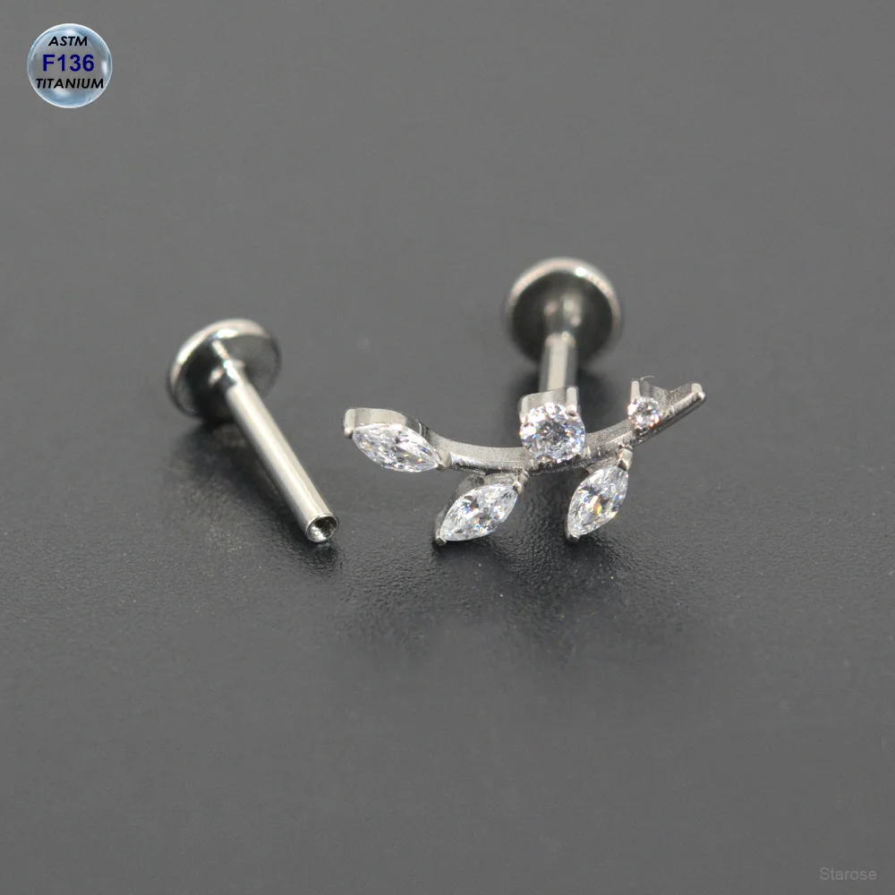 1Pc 1.2x4/6/8/10mm F136 Nose Piercing Titanium Labret Stud Oval Cz Branch Helix Tragus Earrings Leaf Ear Jewelry 16G Bar