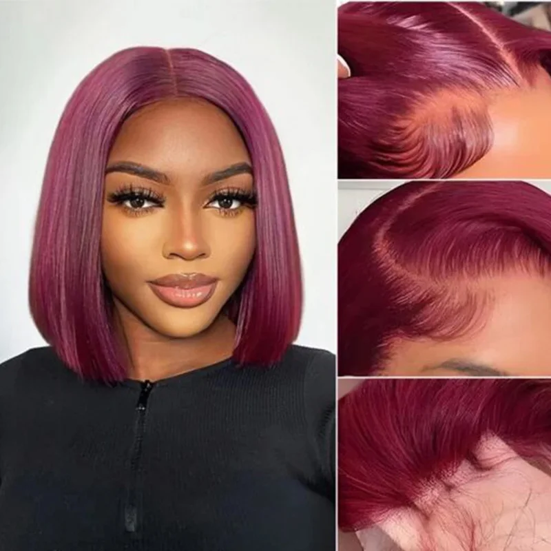 13x4 99J Short Bob Wig Human Hair Dark Red Burgundy Color Full Frontal Bob Wigs Blunt Cut Bone Straight Front For Black Woman