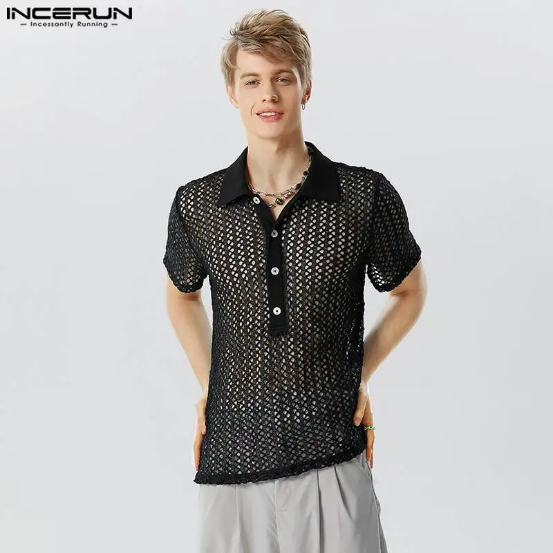 

Stylish Well Fitting Tops INCERUN Mens See-through Mesh Hollowed Shirts Sexy Casual Style Solid Short Sleeved Lapel Blouse S-5XL