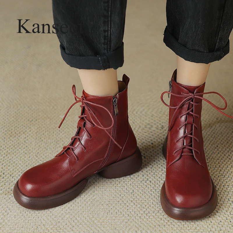 

Kanseet Women Ankle Boots 2023 Autumn Winter Wine Red Genuine Leather Platform Shoes Zipper Round Toe Mid Heel Lady Short Boots