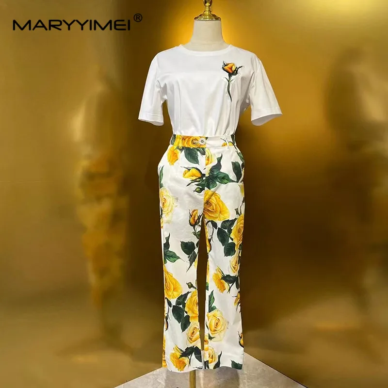 maryyimei-ensemble-2-pieces-en-coton-tisse-pour-femme-haut-a-manches-courtes-col-rond-imprime-floral-blanc-pantalon-a-jambes-larges-rose-jaune