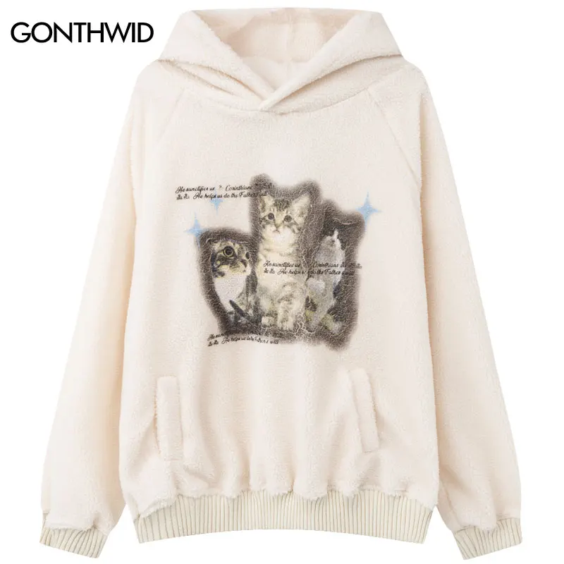 

Harajuku Beige Fleece Teddy Hoodie Cat Graphic Print Fluffy Fuzzy Hooded Sweatshirt Jacket 2023 Loose Plush Lambswool Pullover