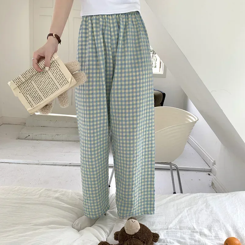 Women Sweatpants Oversized Plaid Wide Leg Casual Loose Elastic High Waist Trousers Harajuku Female Home Clothing