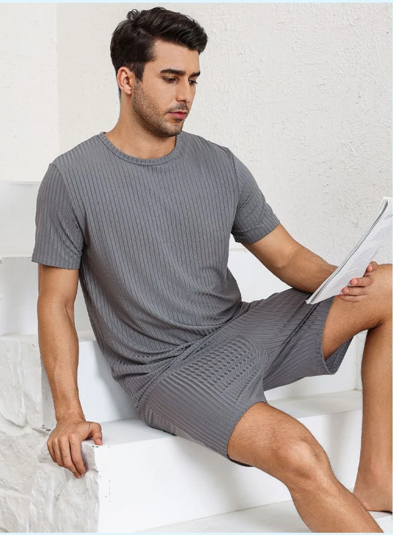 Men's Trendy Pajama Set - Solid Short Sleeve & Shorts in Breathable Lightweight Fabric