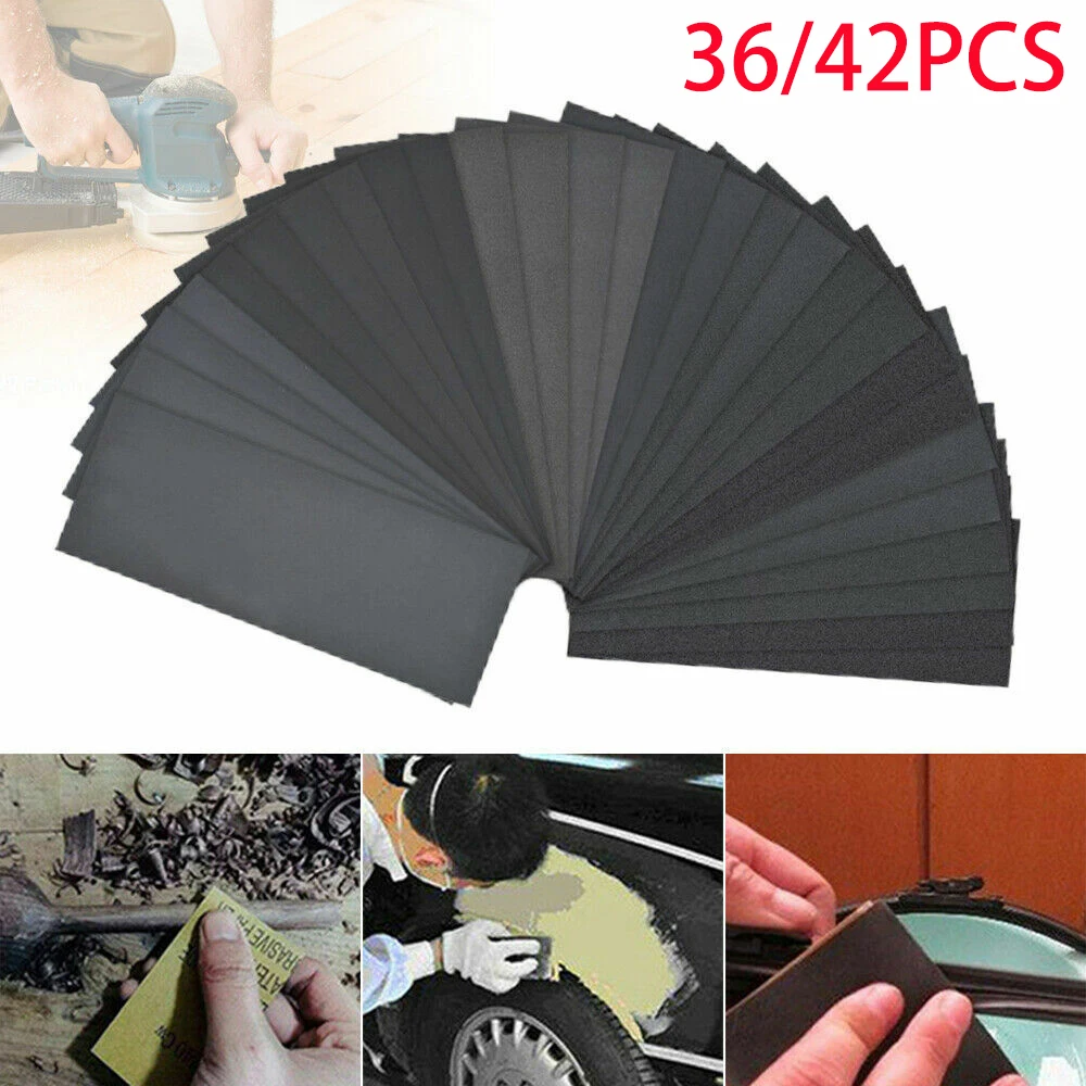 

36Pcs/42pcs Wet and Dry Sand Paper Mixed Assorted Grit 400-3000 / 120-3000 Car Paint Sandpaper Wood Metal Sanding Polishing