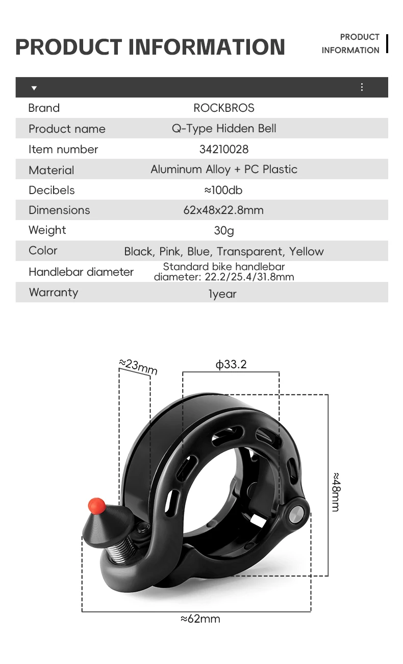 ROCKBROS Sicherheit Fahrradklingel Aluminiumlegierung MTB Rennrad Hupe Fahrradring Radfahren Lenker Fahrrad versteckter Alarm Fahrradzubehör – Detail 2