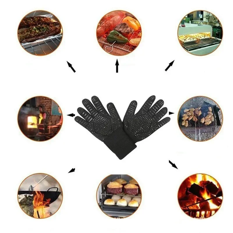 Kitchen Gloves BBQ Oven Gloves High Temperature Resistance Barbecue Mitts 800 Degrees Fireproof Anti Heat Insulation Microwave Glove for Baking