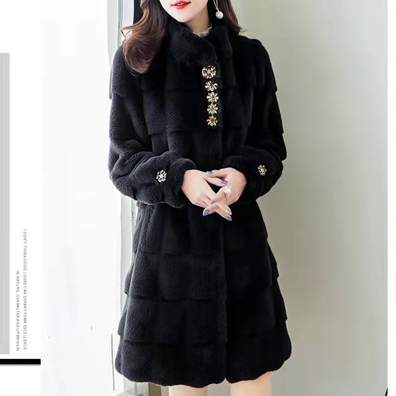 2023 New Women Winter Faux Fur Coat Mid Length Version Furs Overcoat Loose Adding Jacket Artificial Fur Collar Outwear