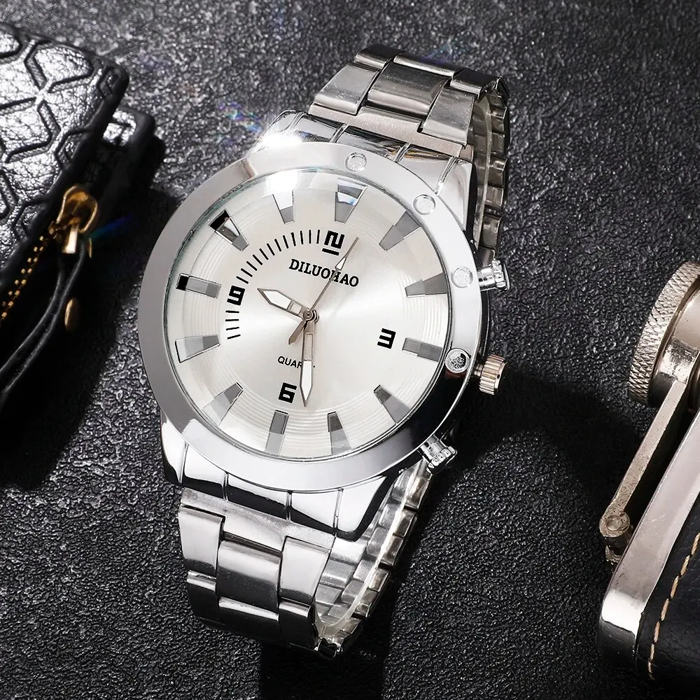2Pcs Men's Business Leisure Quartz Watch Analog Stainless Steel Wrist Watch & Bracelet, Gift For Men Watch