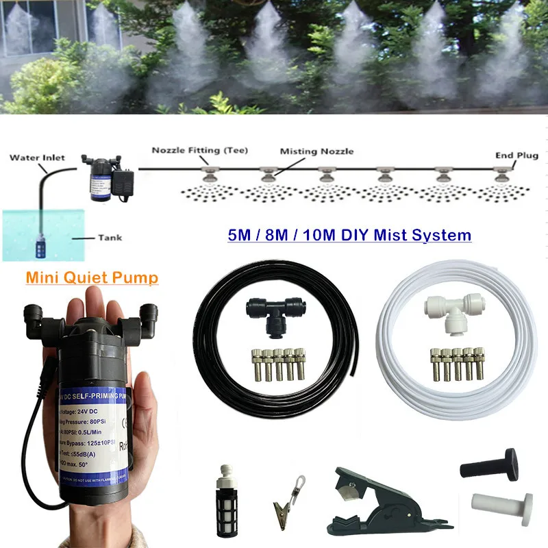 

A73 DIY 5M/8M/10M watering kit 24V DC quiet 0.5L/min mist pump fine fog nebulizer slip lock nozzles 1/4'' PE hose garden sprayer