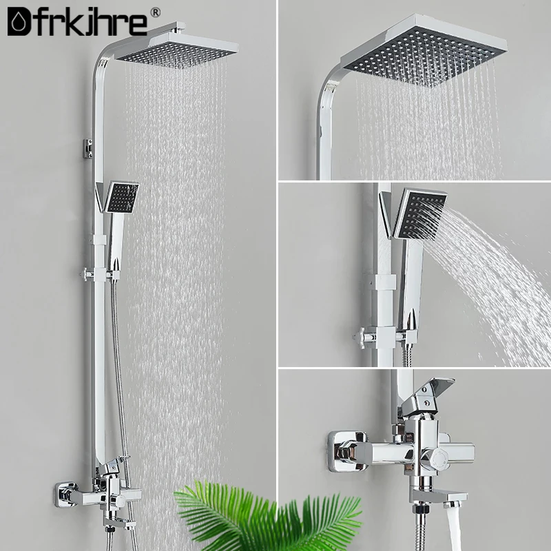 Bathroom Bath Shower Set Mixer Faucet Rotate Tub Spout Chrome Wall Mount 8" Rainfall Shower Head With Handshower 2 Ways Spout