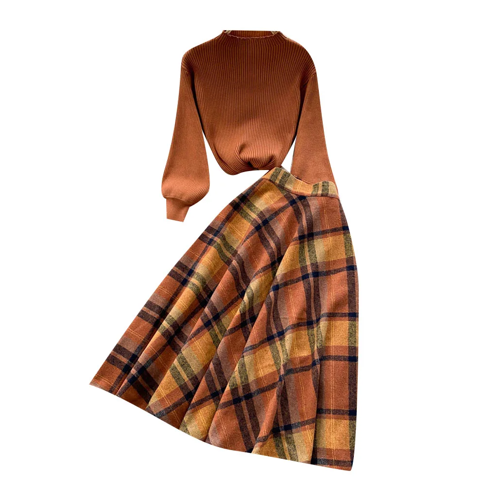 

UEETEY Autumn Women's Festival Outfit New Fashion Sweater Suit Skirt Lantern Sleeve Knit Top + Loose Skirt Two-piece Set